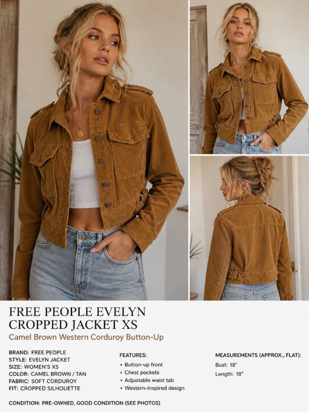 Free People Evelyn Cropped Jacket XS Camel Brown Utility Western Jacket - Picture 11 of 11